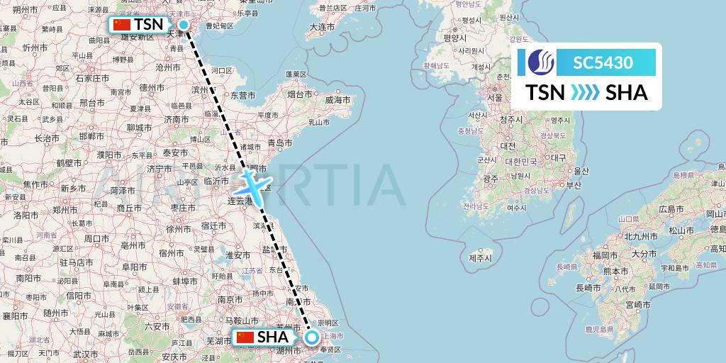 SC5430 Shandong Airlines Flight Map: Tianjin to Shanghai