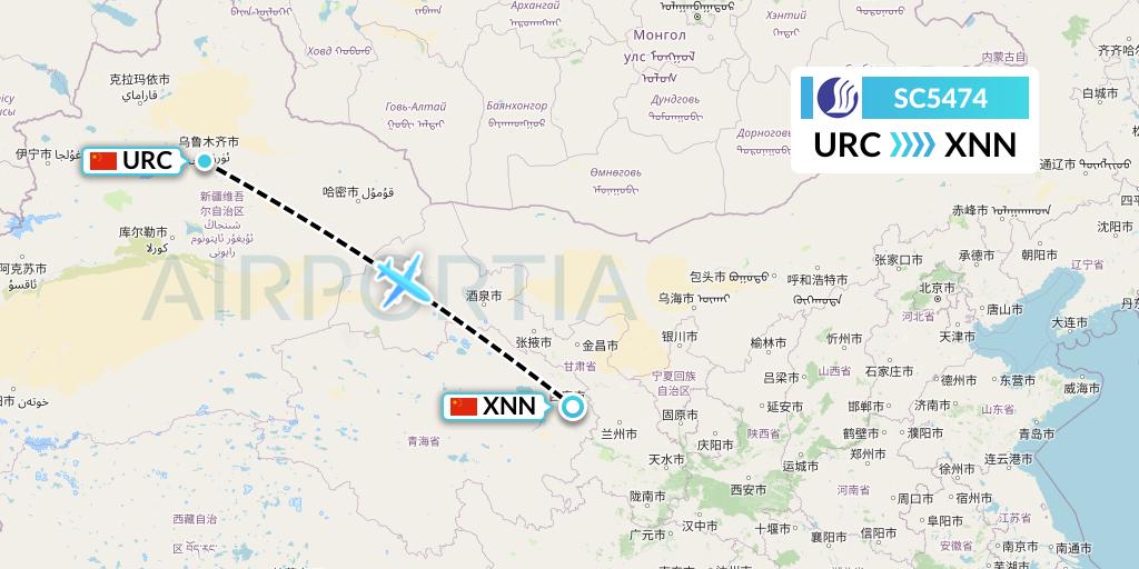 SC5474 Shandong Airlines Flight Map: Urumqi to Xining