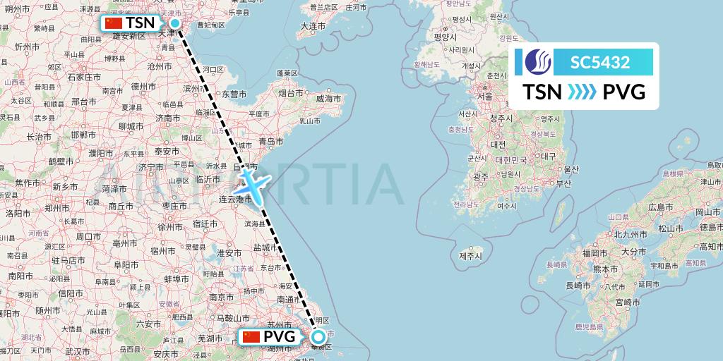 SC5432 Shandong Airlines Flight Map: Tianjin to Shanghai