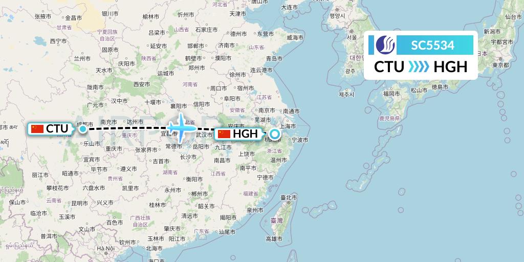 SC5534 Shandong Airlines Flight Map: Chengdu to Hangzhou