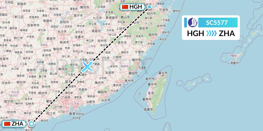 SC5577 Shandong Airlines Flight Map: Hangzhou to Zhanjiang