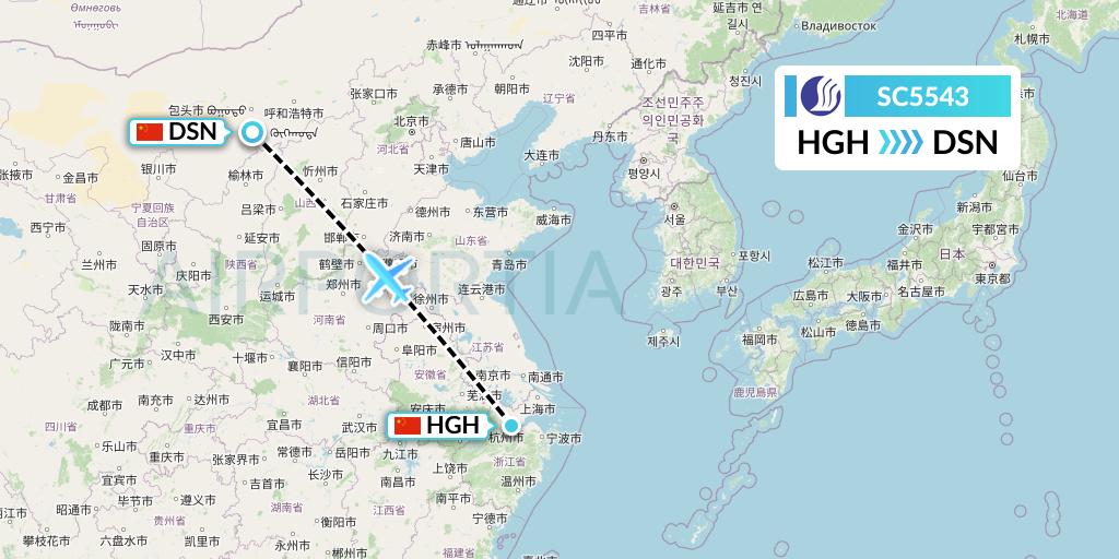 SC5543 Shandong Airlines Flight Map: Hangzhou to Dongsheng