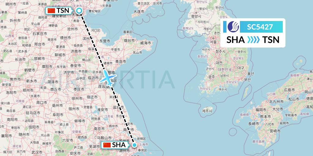 SC5427 Shandong Airlines Flight Map: Shanghai to Tianjin