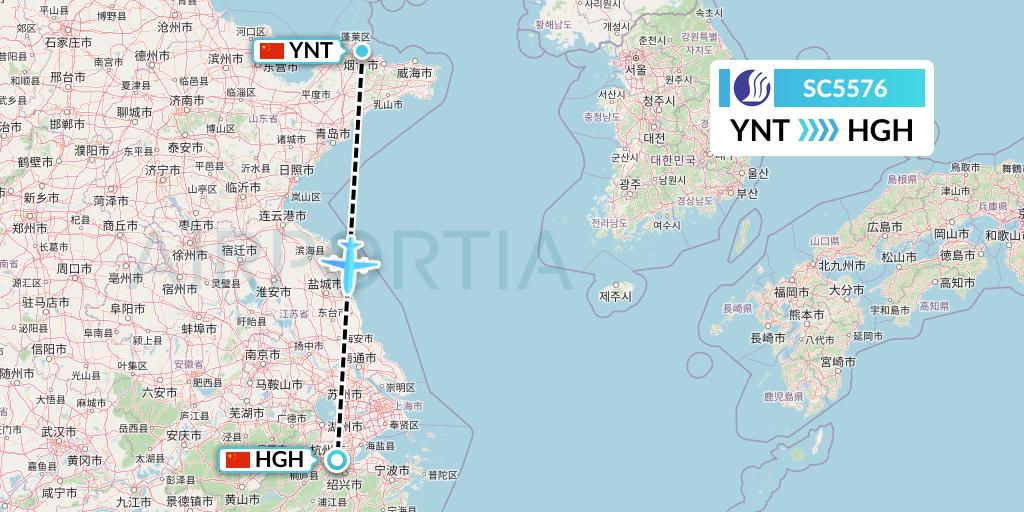 SC5576 Shandong Airlines Flight Map: Yantai to Hangzhou