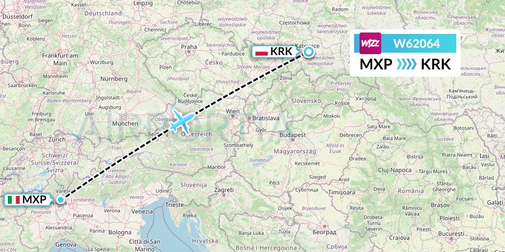 W62064 Wizz Air Flight Map: Milan to Krakow
