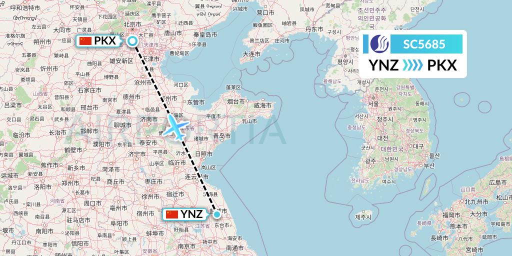 SC5685 Shandong Airlines Flight Map: Yancheng to Beijing