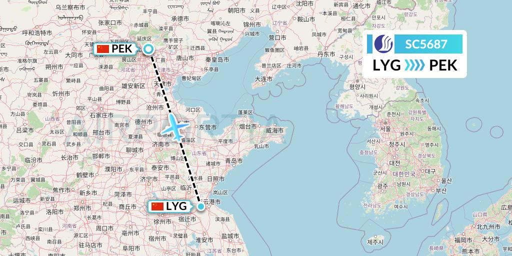SC5687 Shandong Airlines Flight Map: Lianyungang to Beijing