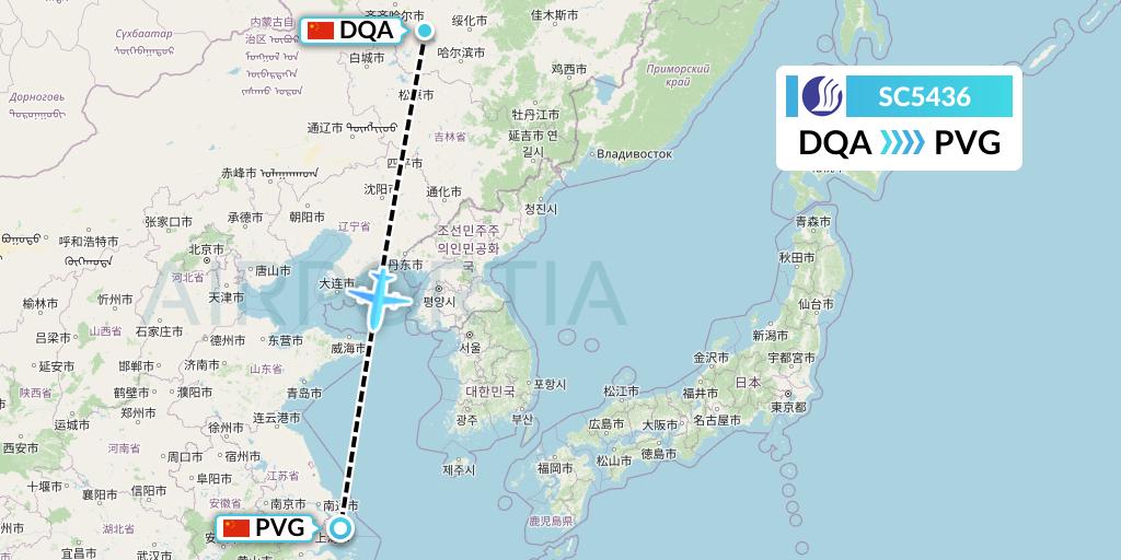 SC5436 Shandong Airlines Flight Map: Daqing to Shanghai