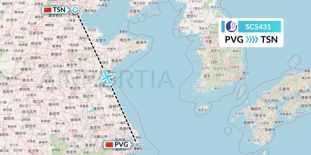 SC5431 Shandong Airlines Flight Map: Shanghai to Tianjin