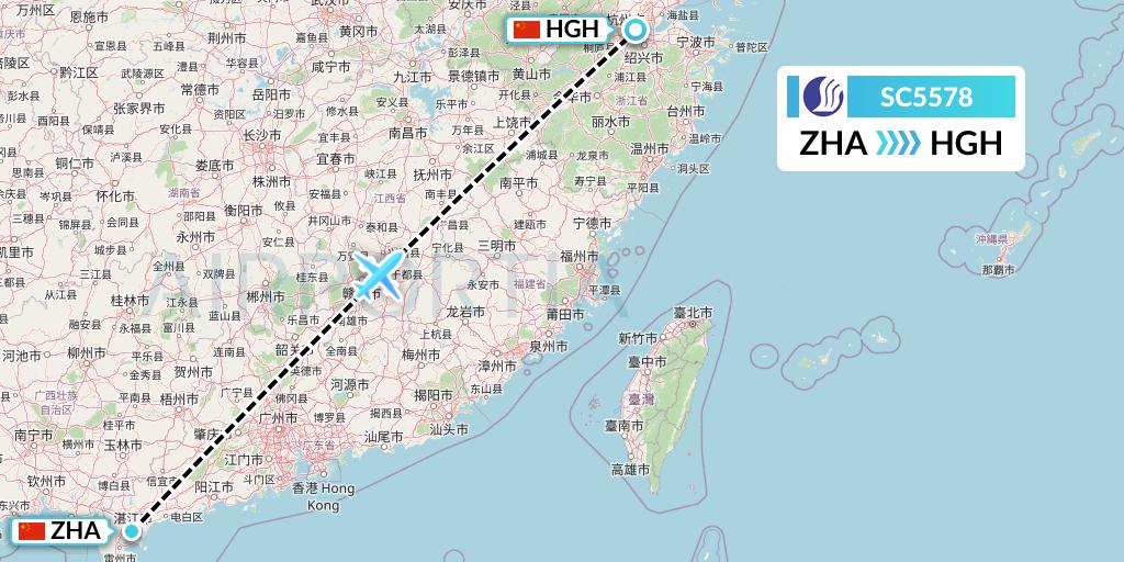SC5578 Shandong Airlines Flight Map: Zhanjiang to Hangzhou