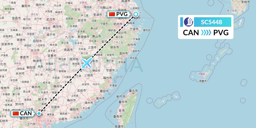 SC5448 Shandong Airlines Flight Map: Guangzhou to Shanghai