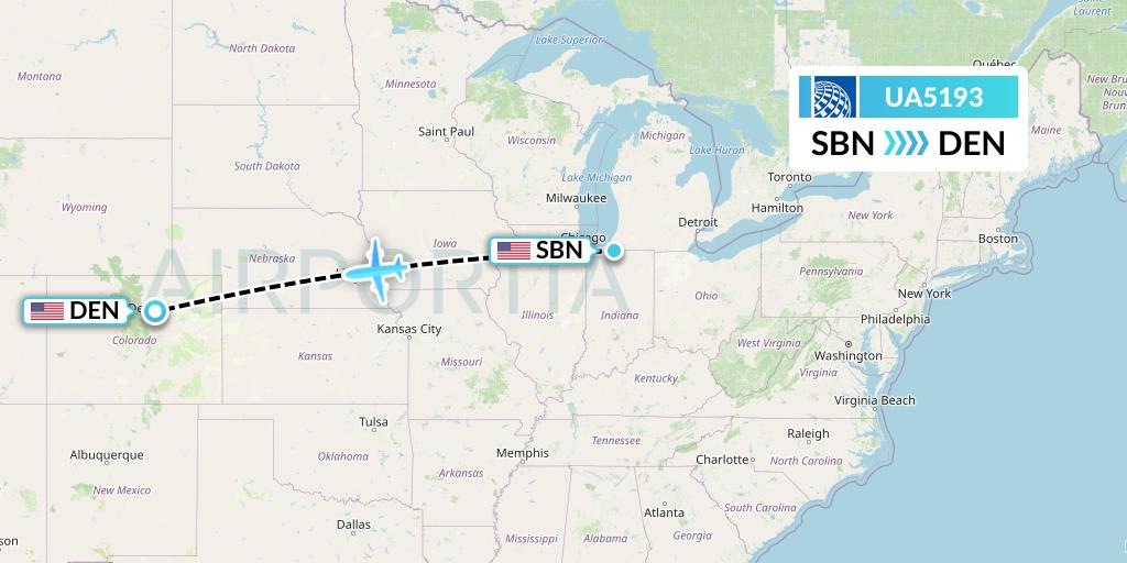 UA5193 United Airlines Flight Map: South Bend to Denver