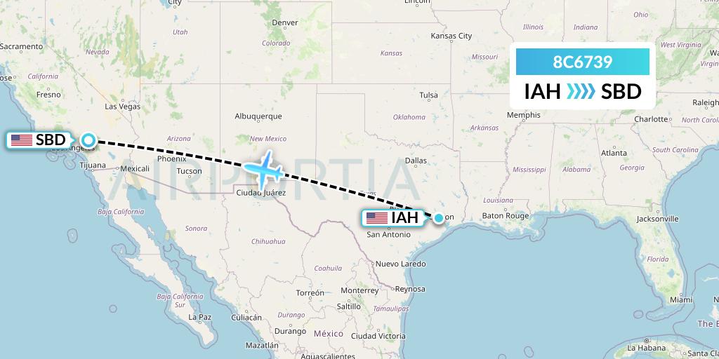 8C6739 Air Transport International Flight Map: Houston to San Bernardino