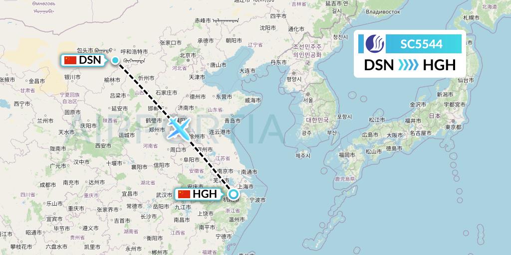 SC5544 Shandong Airlines Flight Map: Dongsheng to Hangzhou