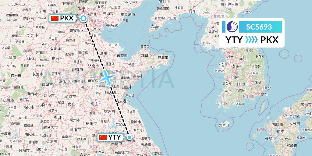 SC5693 Shandong Airlines Flight Map: Yangzhou to Beijing