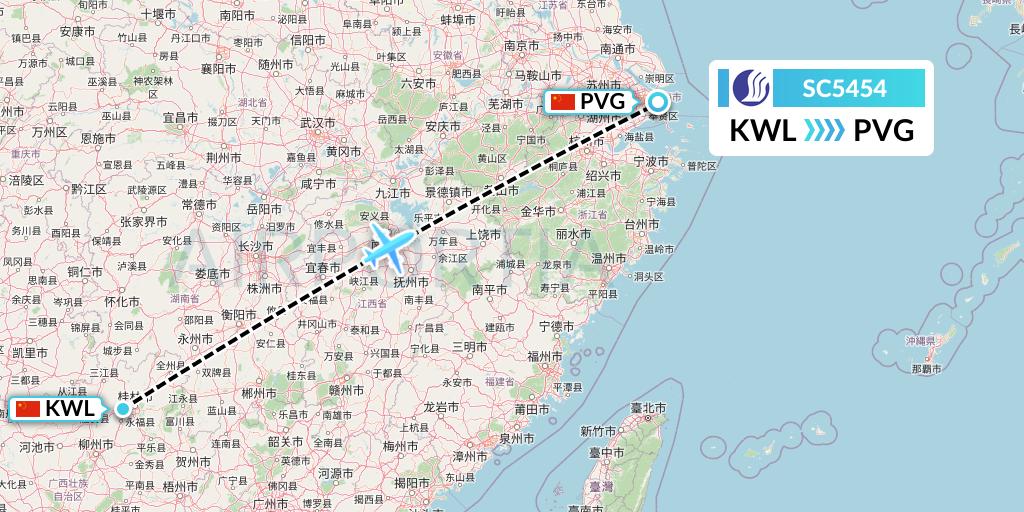 SC5454 Shandong Airlines Flight Map: Guilin to Shanghai