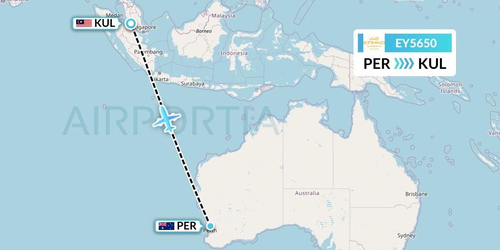 EY5650 Etihad Airways Flight Map: Perth to Kuala Lumpur