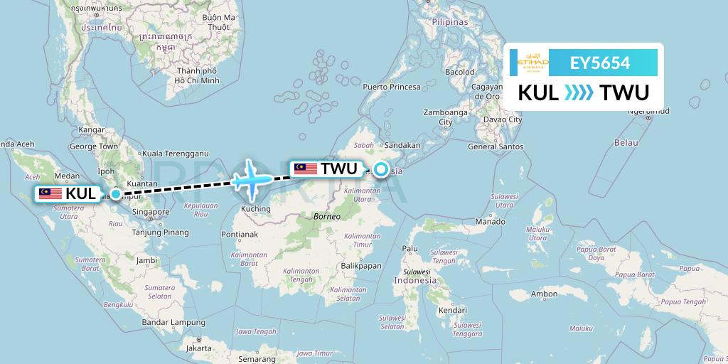 EY5654 Etihad Airways Flight Map: Kuala Lumpur to Tawau