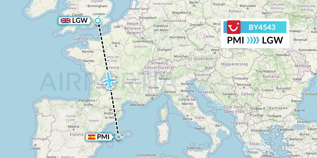 BY4543 TUI Airways Flight Map: Palma de Mallorca to London