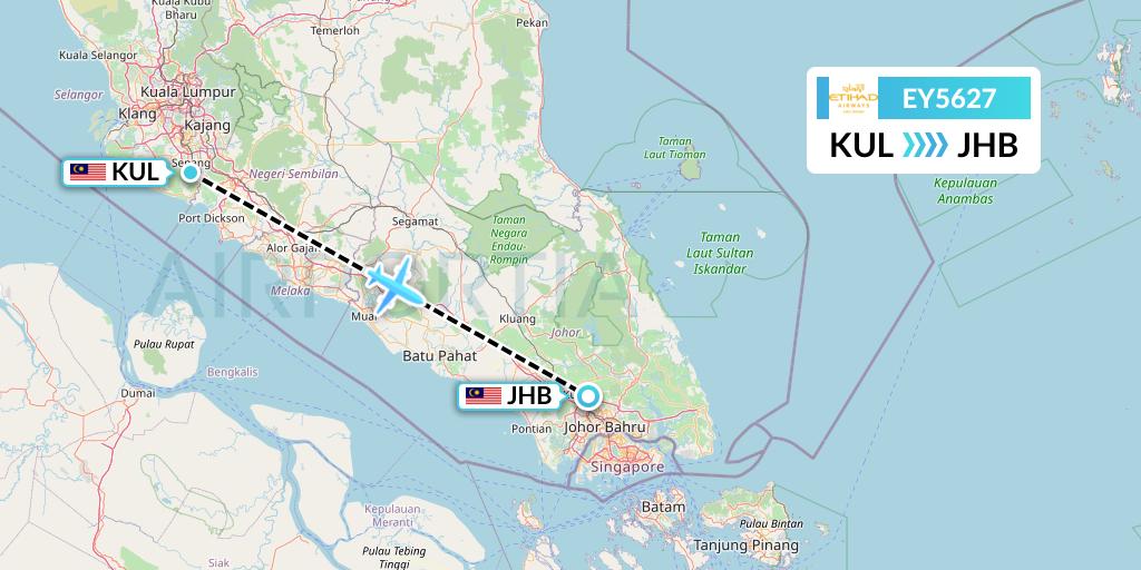 EY5627 Etihad Airways Flight Map: Kuala Lumpur to Johor Bahru