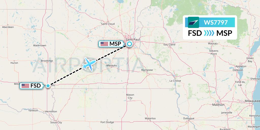 WS7797 WestJet Flight Map: Sioux Falls to Minneapolis