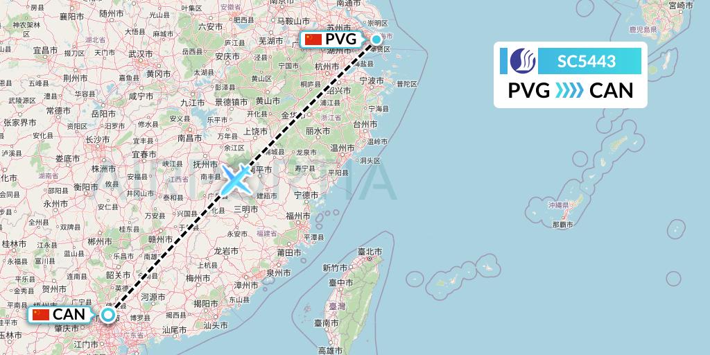 SC5443 Shandong Airlines Flight Map: Shanghai to Guangzhou