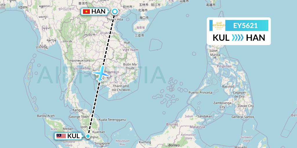 EY5621 Etihad Airways Flight Map: Kuala Lumpur to Hanoi