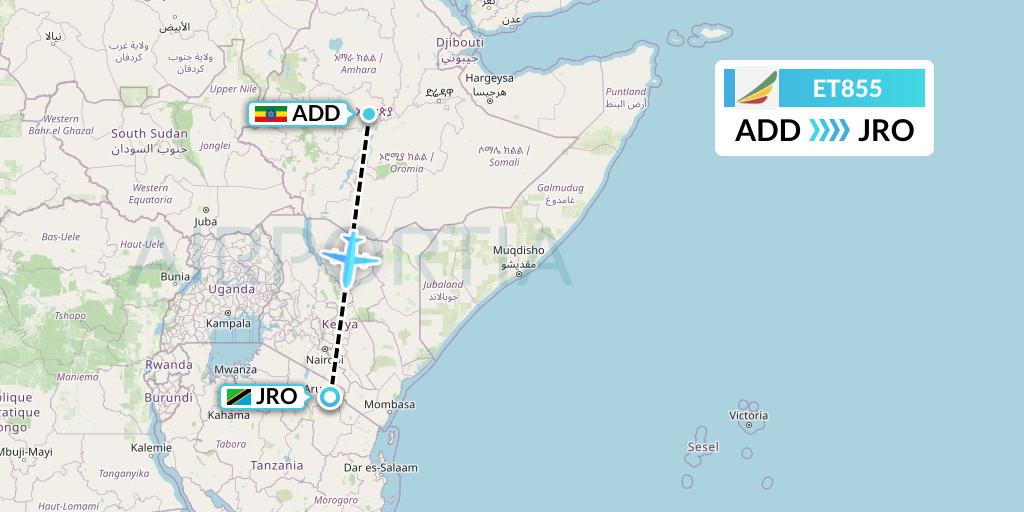 ET855 Ethiopian Airlines Flight Map: Addis Ababa to Kilimanjaro