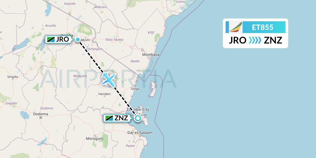 ET855 Ethiopian Airlines Flight Map: Kilimanjaro to Zanzibar