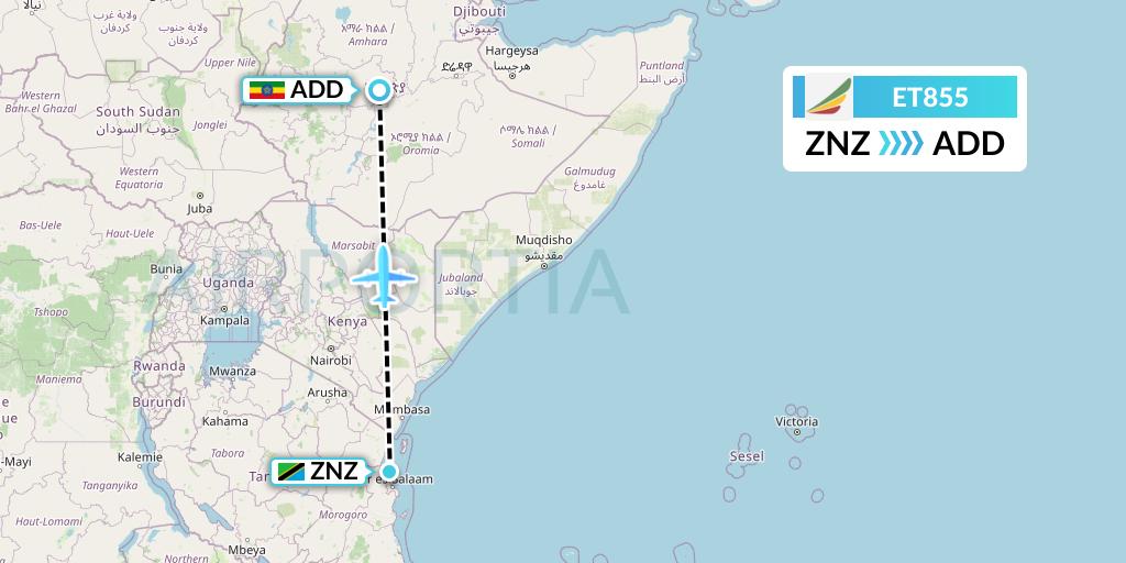 ET855 Ethiopian Airlines Flight Map: Zanzibar to Addis Ababa
