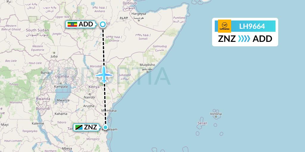 LH9664 Lufthansa Flight Map: Zanzibar to Addis Ababa