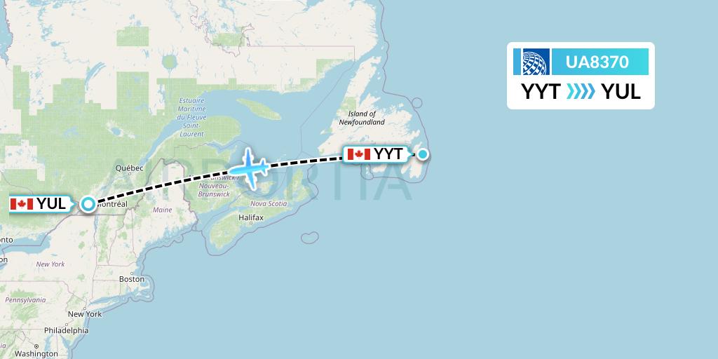 UA8370 United Airlines Flight Map: St. John's to Montreal