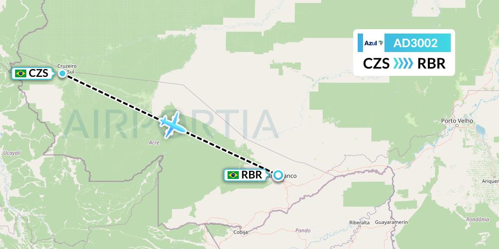 AD3002 Azul Brazilian Airlines Flight Map: Cruzeiro do Sul to Rio Branco