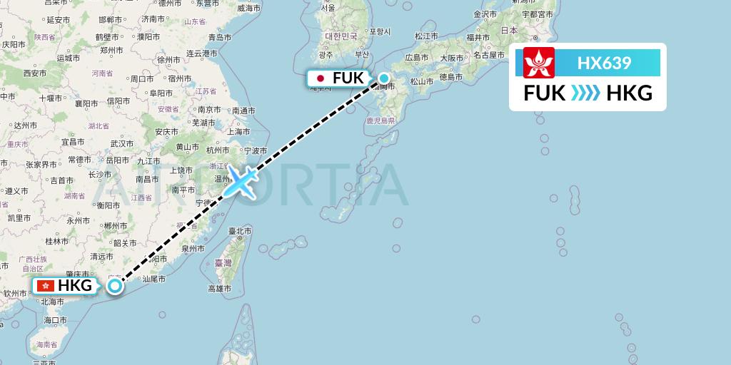HX639 Hong Kong Airlines Flight Map: Fukuoka to Hong Kong