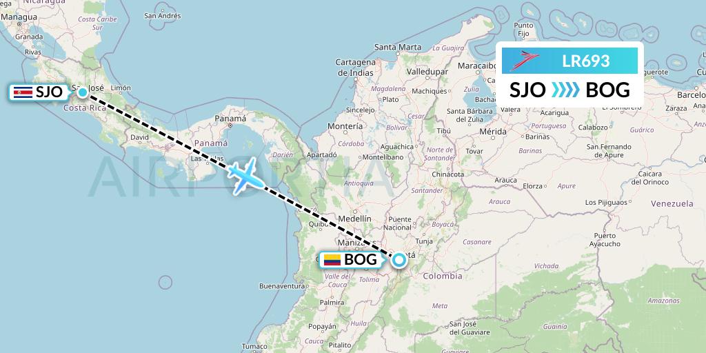 LR693 Lacsa Flight Map: San Jose to Bogota