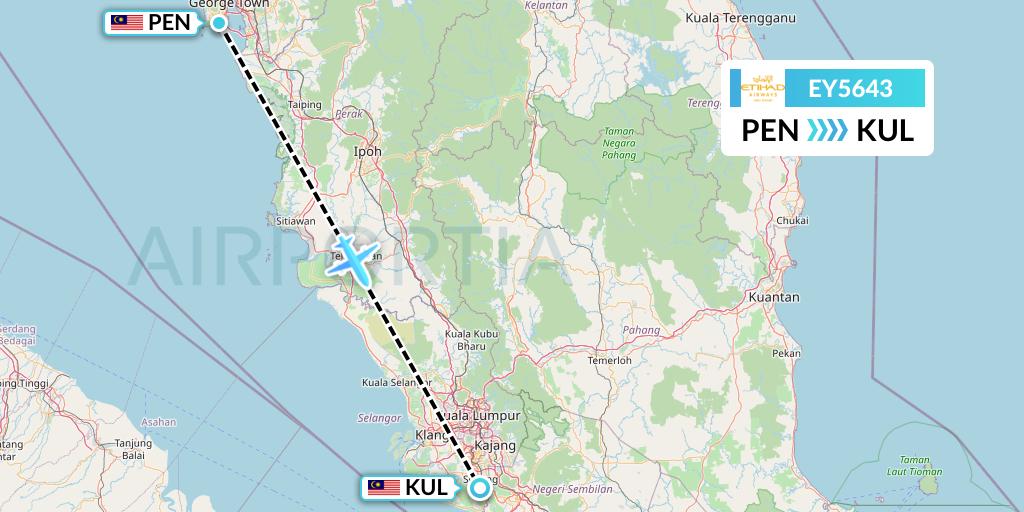 EY5643 Etihad Airways Flight Map: Penang to Kuala Lumpur