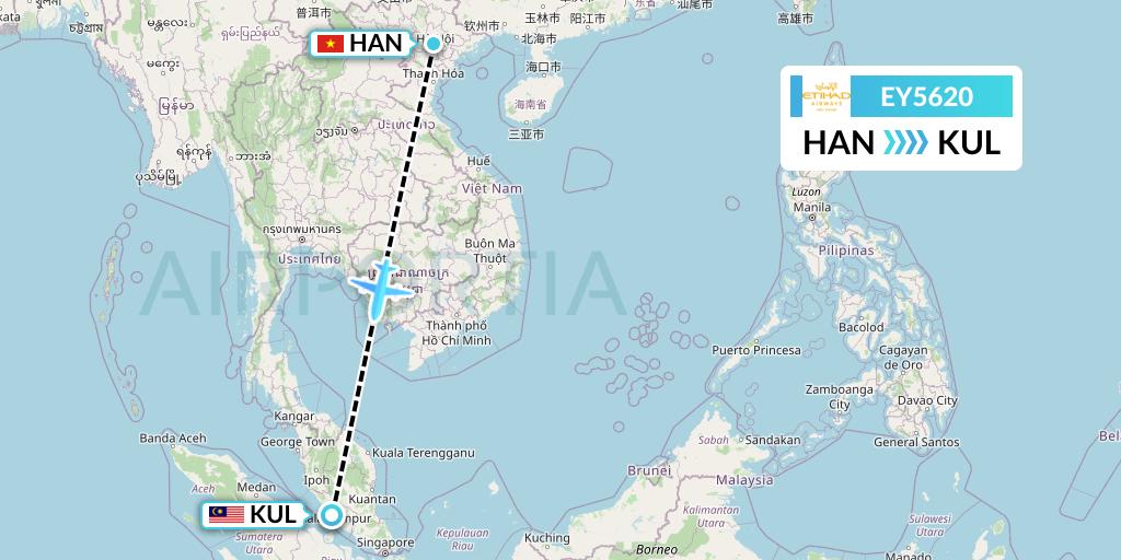 EY5620 Etihad Airways Flight Map: Hanoi to Kuala Lumpur