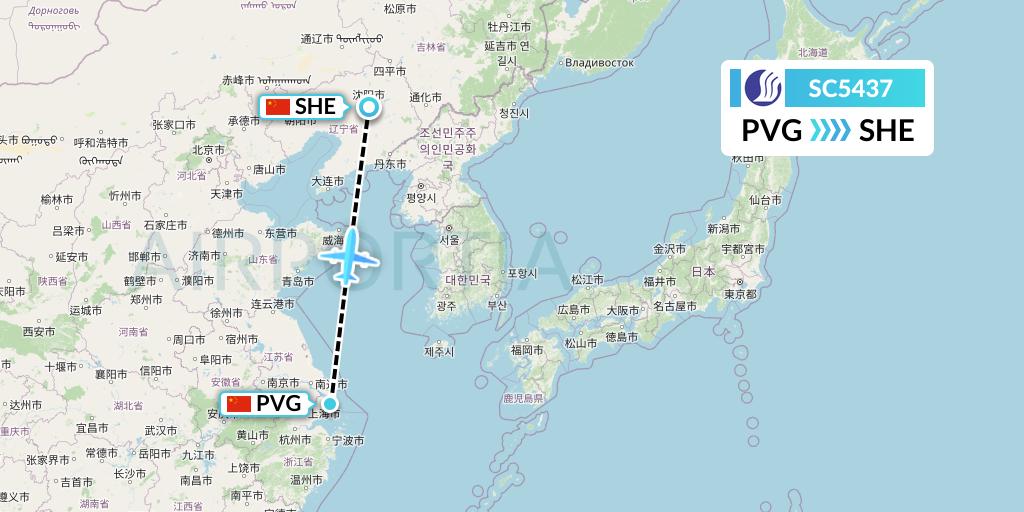 SC5437 Shandong Airlines Flight Map: Shanghai to Shenyang