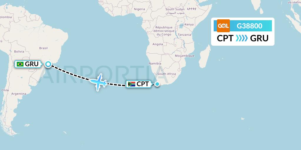 G38800 GOL Transportes Aeros Flight Map: Cape Town to Sao Paulo