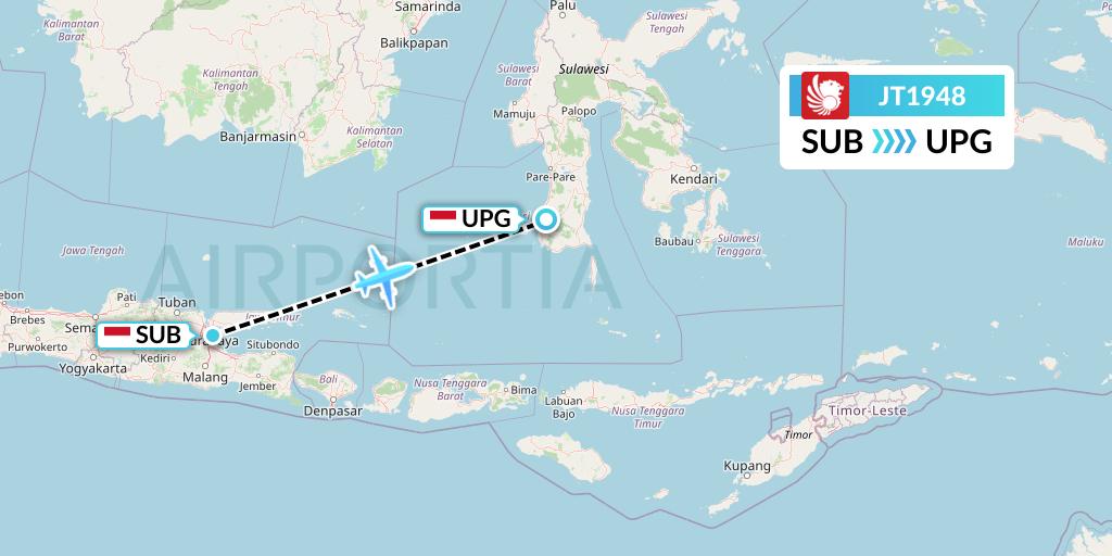 JT1948 Lion Airlines Flight Map: Surabaya to Makassar