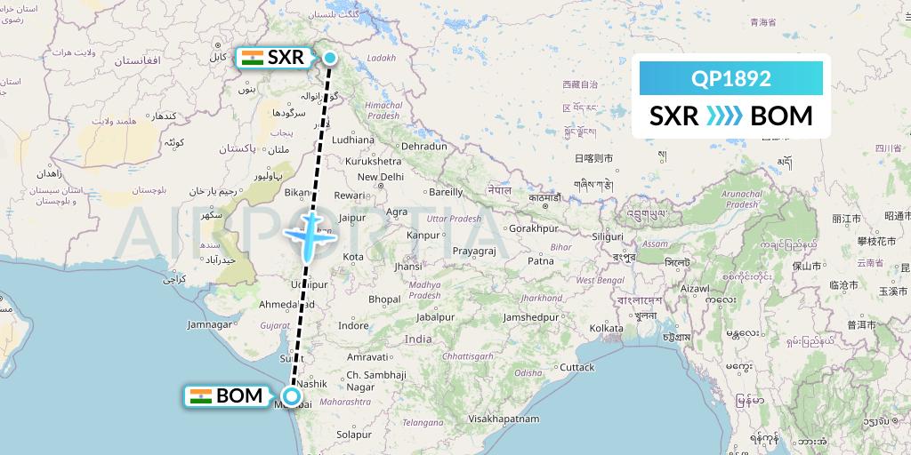 QP1892 Akasa Air Flight Map: Srinagar to Mumbai
