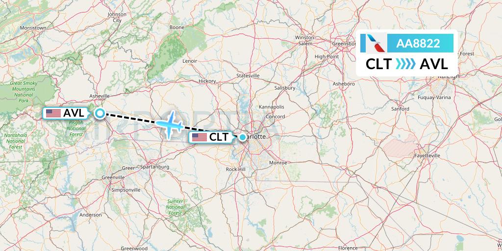 AA8822 American Airlines Flight Map: Charlotte to Asheville