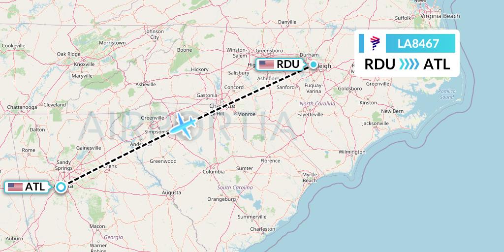 LA8467 LAN Airlines Flight Map: Raleigh-Durham to Atlanta