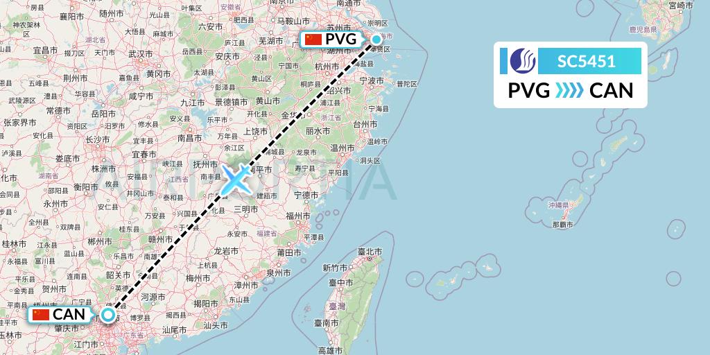 SC5451 Shandong Airlines Flight Map: Shanghai to Guangzhou