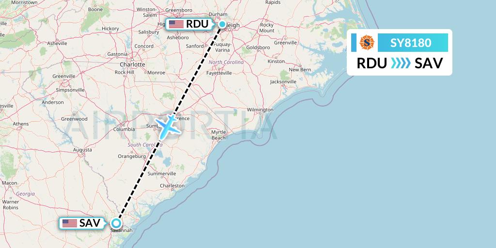 SY8180 Sun Country Airlines Flight Map: Raleigh-Durham to Savannah