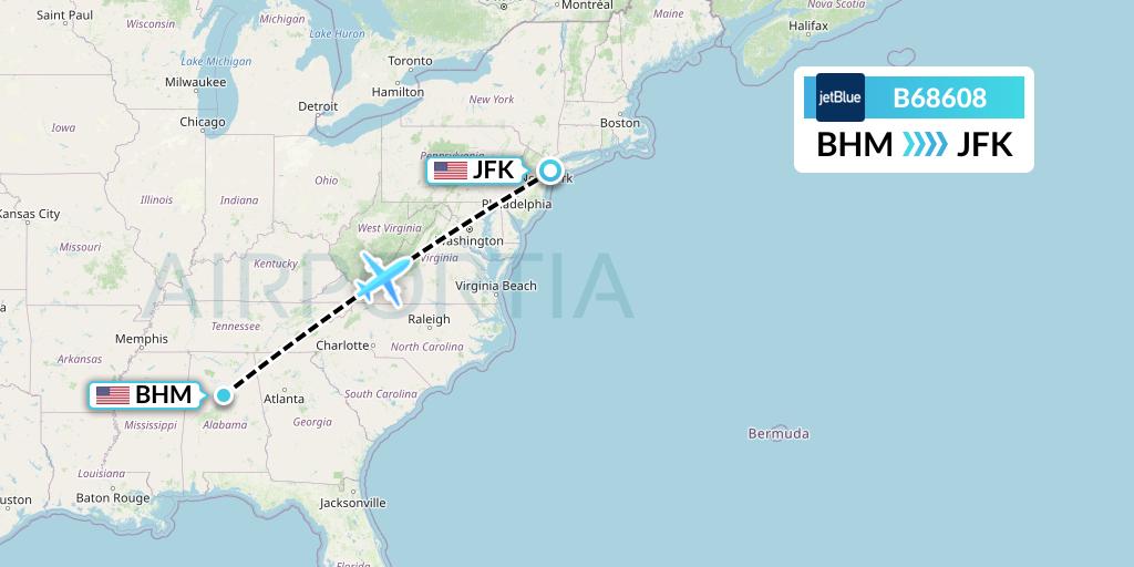 B68608 JetBlue Airways Flight Map: Birmingham to New York