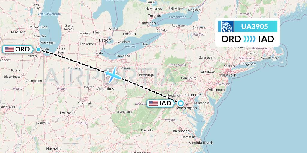 UA3905 United Airlines Flight Map: Chicago to Washington