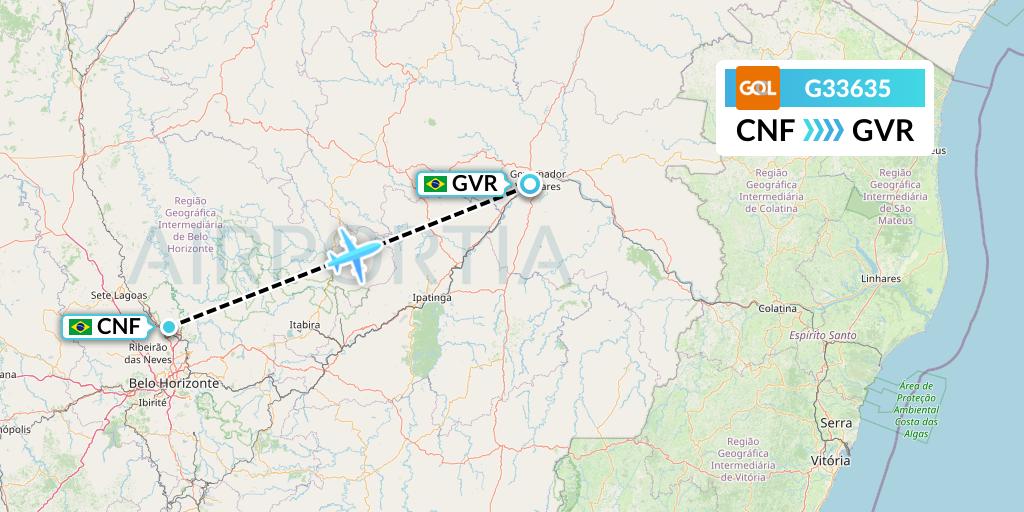 G33635 GOL Transportes Aeros Flight Map: Belo Horizonte to Governador Valadares