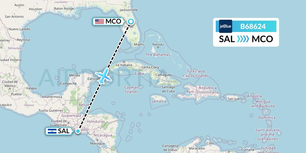B68624 JetBlue Airways Flight Map: San Salvador to Orlando