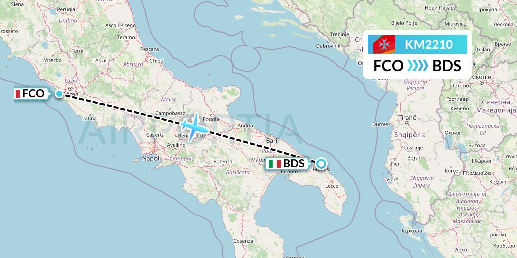 KM2210 Air Malta Flight Map: Rome to Brindisi